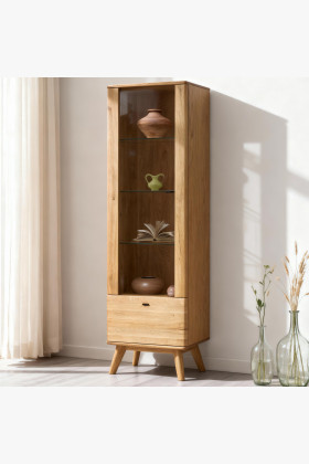 Masszív tölgyfa vitrin lábakkal, természetes tölgy színű ajtós